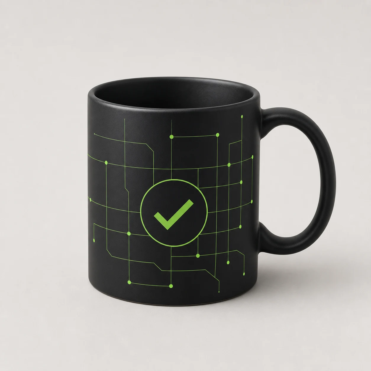 Black ceramic mug with a green infrastructure grid graphic
