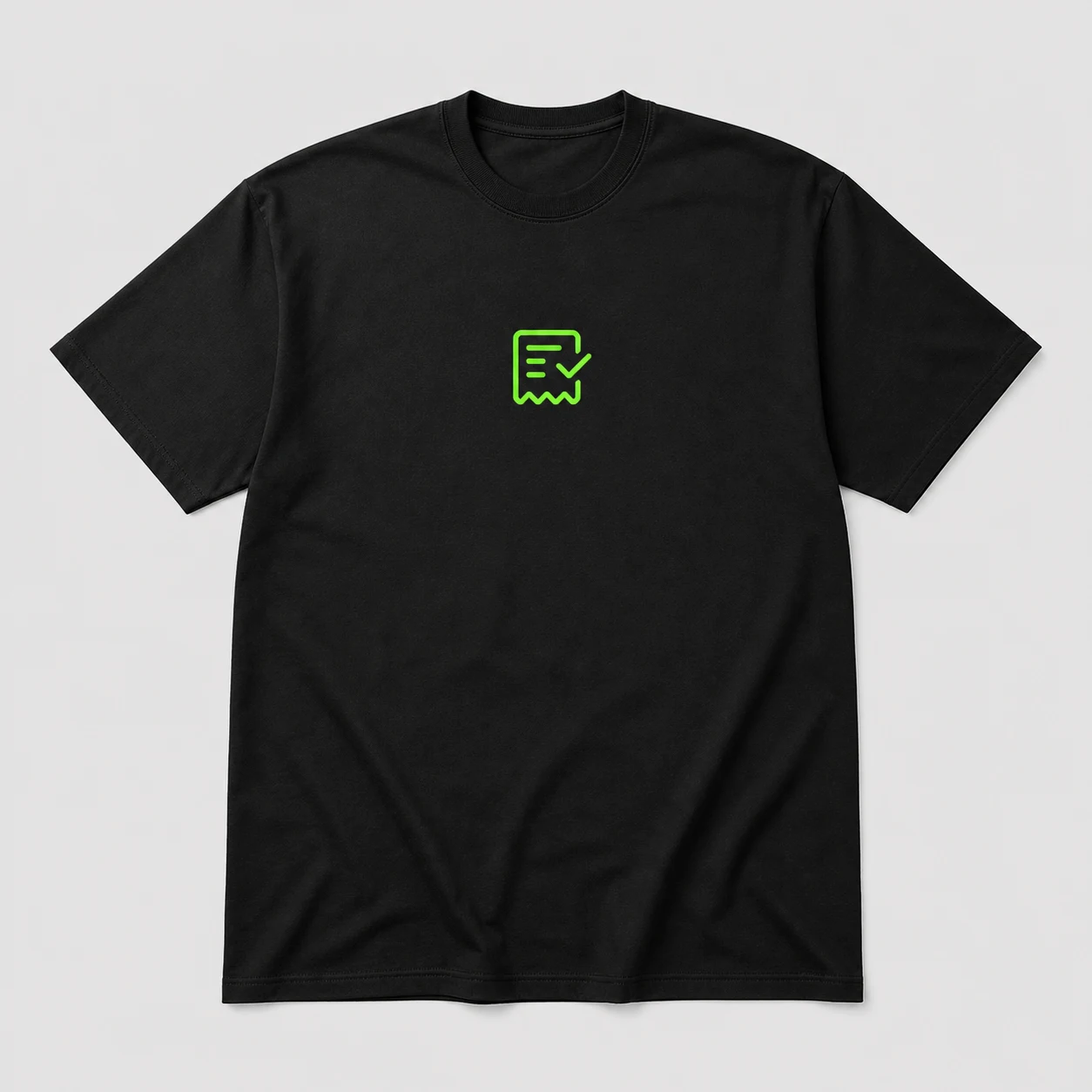 Black operator tee with a green receipt checkmark graphic