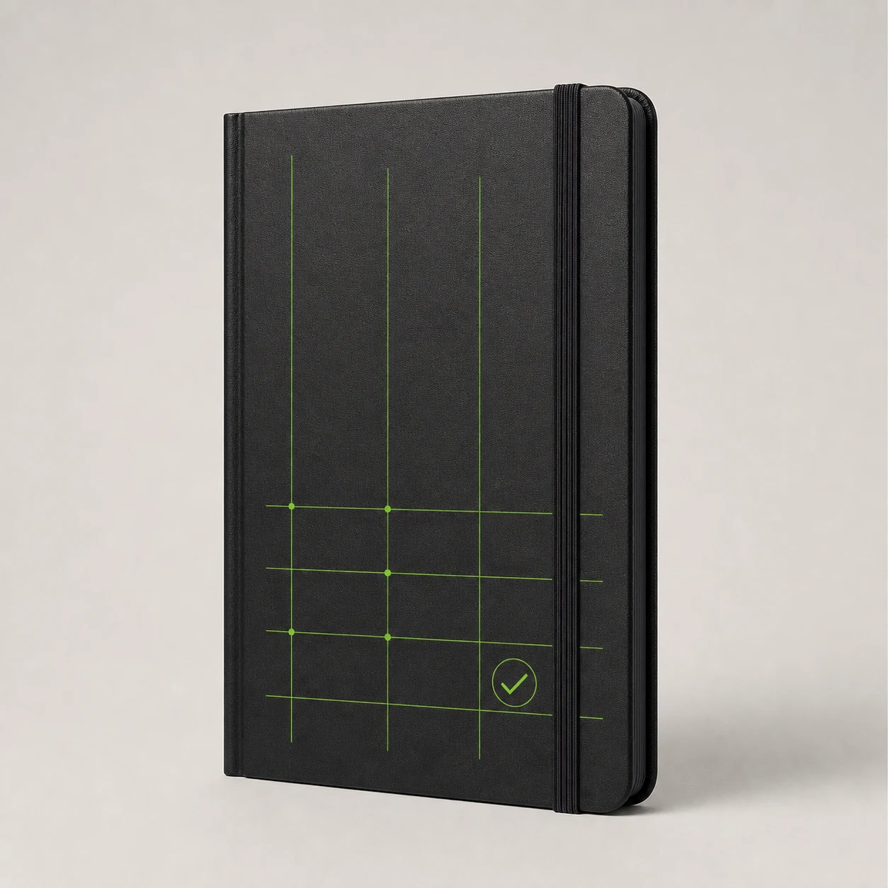 Black field notebook with a green evidence grid graphic